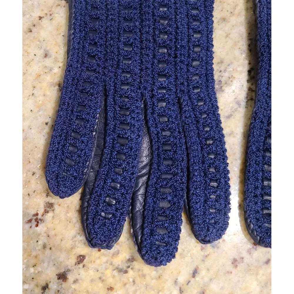 Vintage Size M 7 Blue Leather And Knit Handmade Gloves Hammer Of Hollywood